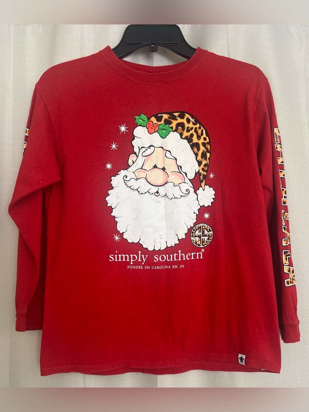 Simply Southern Santa Leopard Christmas Long Sleeve Shirt Youth Large